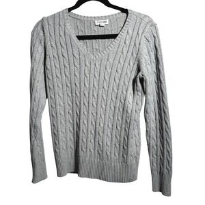 St. Johns Bay Gray V Neck Cable Knit Sweater Sz M Tennis Prep Old Money Academia
